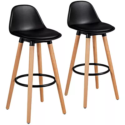 Set Of 2 Mid Century Barstool 28.5  Dining Pub Chair W/Leather Padded Seat Black • $82.98