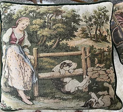 French Tapestry Pillow Vintage Child In Garden With Dogs Squirrel Made In France • $27.48