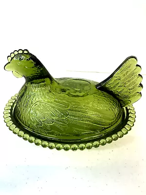 Vintage Indiana Glass Avocado Green Glass Chicken Hen On Nest Lidded Candy Dish • $34.98