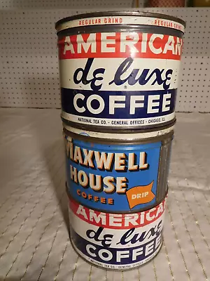 2 American De Luxe & 1 Maxwell House Decorative Coffee Tins ~ All Same Size • $135