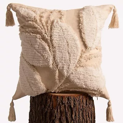 New Nature Leaves Leaf Boho Cream Tassel Throw Pillow Case Cover Sham 18  X 18  • $39.60