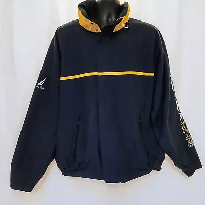 Nautica Navy Gold Zip Front Windbreaker Jacket XL Hood Pockets  Spellout Y2K  • $50