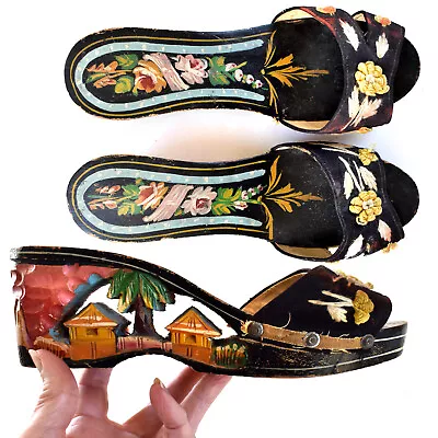 1940s Handmade Platform Shoes - Tropical Island - Embroidered Carved & Painted • $77.08