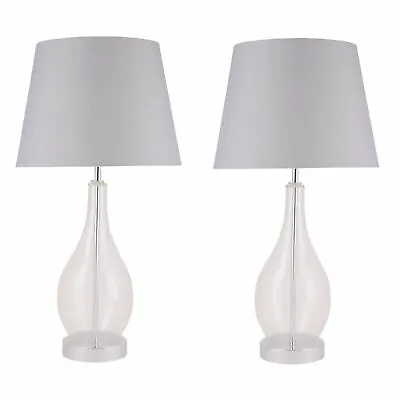 £39.99 • Buy Pair Large Modern 56cm Table Lamp Bedside Light Clear Glass Grey Fabric Shade