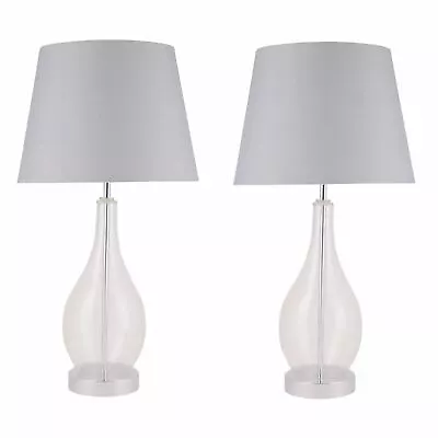 £39.99 • Buy Pair Large Modern 56cm Table Lamp Bedside Light Clear Glass Grey Fabric Shade