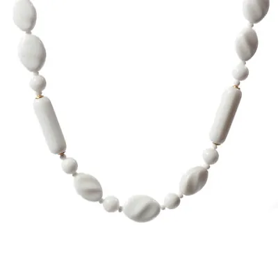 Vintage Necklace Czech White Round Cylinder Ribbed Oval Glass Beads • $25