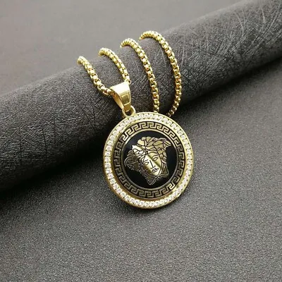 24k Gold Plated Pendant Black Steel Hip Hop  Medusa Pendant W/ 24 Inch Chain • $25