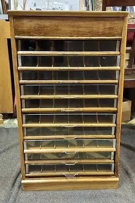 Huge Vintage Oak Spool Cabinet General Store Display Glass 10 Drawer Metal Handl • $1671.12