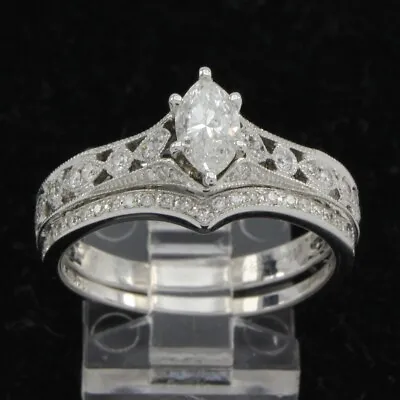 1ct Natural Marquise & Round Diamond Bridal Ring Set 14K White Gold • $1596.19