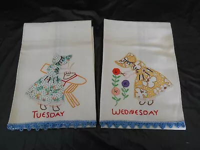 2 Vintage Embroidered Dish Towels Applique Sun Bonnet Girls Tuesday & Wednesday • $14