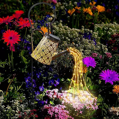 Large Solar Watering Can For Outdoor Garden Retro Metal Fairy Lights With Brack • £26.88