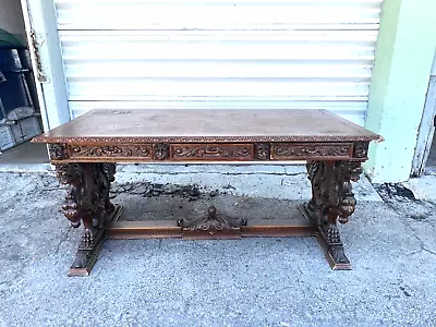 Large Victorian Carved Oak Gargoyle Library Table • $6500