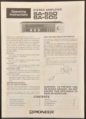 VINTAGE PIONEER STEREO AMPLIFIER OPERATING INSTRUCTIONS For SA-550 / SA-505 • $10