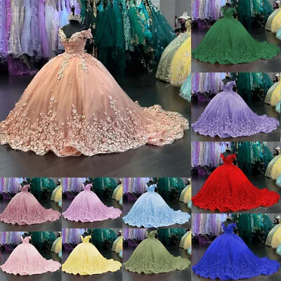 Sweet 15 16 Quinceanera Dresses 3D Floral Off Shoulder Glitter Pageant Ball Gown • $161.60