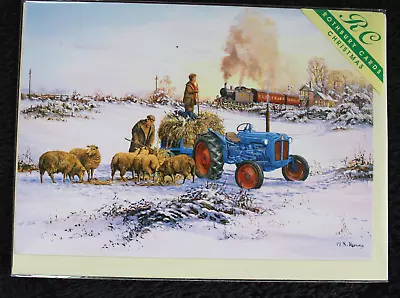 Christmas Greetings Card Steam Train Fordson Dexta Tractor Sheep In Winter • £2.99