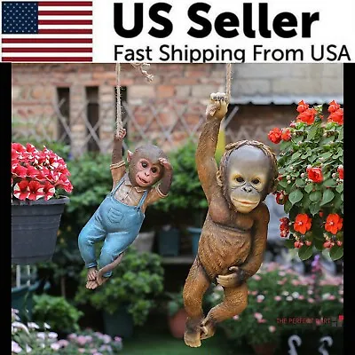 Monkey Chimp Hanging Rope Garden Ornament Outdoor Statue Sculpture Resin Decor • $8.99