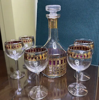 Vintage Culver Valencia Decanter & 5 Wine Glasses 22K Gold Gilded Cranberry Red* • $149.99