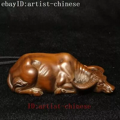 L 4 Inch Old Chinese Boxwood Carved Ox Bull Figure Statue Netsuke Ornament Gift • £23.99