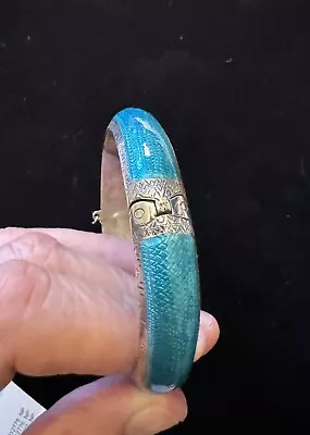 Vintage Siam Sterling Silver Signed Turquoise Enamel Hinged Bangle Bracelet • $7.35