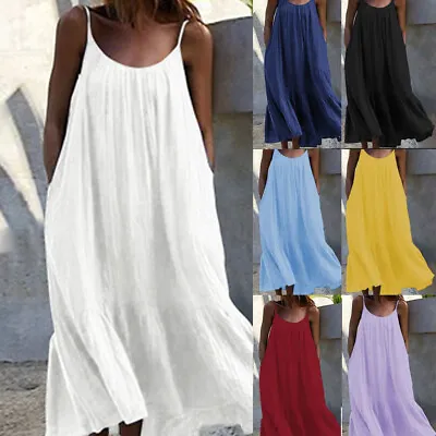 Dress Sleeveless Thin Strap Solid Loose Casual Beach Summer Holiday Plus Size • £11.69