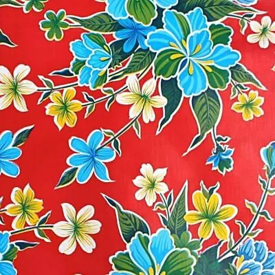 Mexican Oilcloth Fabric Red Hibiscus Flowers • £20.98