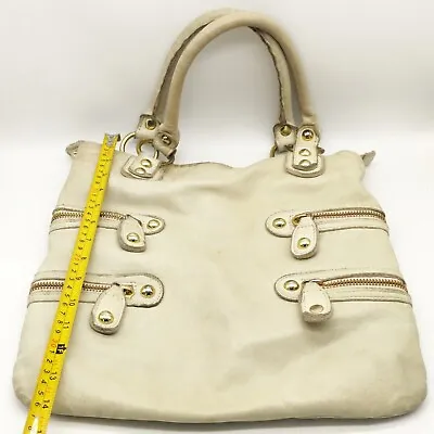 Linea Pelle Italy Ivory Leather Tote Purse Hobo Zippered Rolled Handle Handbag • $55.98