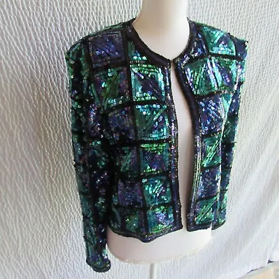 Cache Sequin Evening Jacket M 80s Blue Green Geometric Silk Excellent Vintage • $38