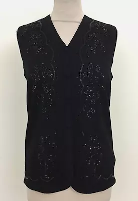 Jumper Women's Cardigan Size M Black Knit Sleeveless V-Neck Sequin Beads Used F1 • £6.99