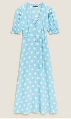 £15.95 • Buy M&S Light Blue Polka Dot V-Neck Midi Tea Dress Size 16