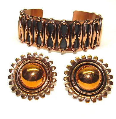 VTG MCM 1950s Signed RENOIR Matisse COPPER CUFF BRACELET & Clip EARRING GROUP • $14.50