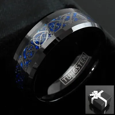 8mm Black Tungsten Celtic Dragon Blue Carbon Fiber Wedding Band Ring • $12