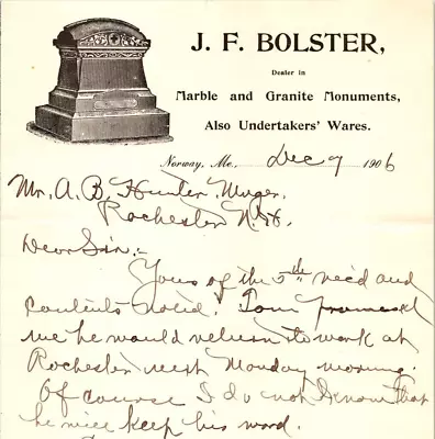 Grave Undertakers Bolster Norway ME 1906 Letterhead Marble Tomb Stone Funerary • £15.56