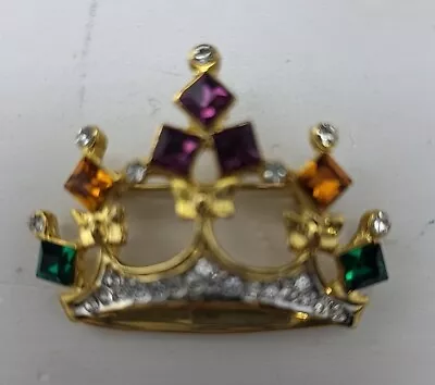 Vintage Multicolor Stones  Crown Brooch Scarf Clip Goldtone  • $8