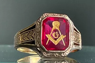 Vintage Masonic Yellow Gold  And Lab-created Ruby Ring Size 8 • $299