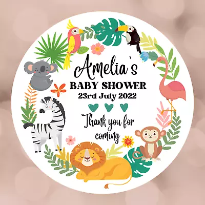 Jungle Baby Shower Stickers Personalised Baby Shower Favour Baby Name Thank You • £2.25
