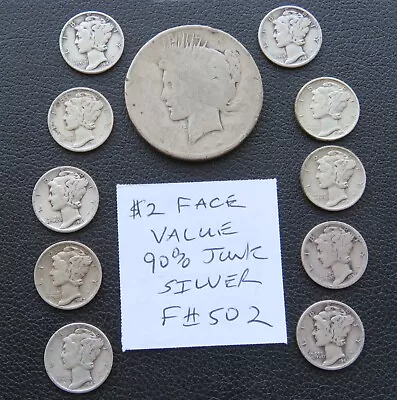 Junk 90% Silver Coins Peace Dollar And Mercury Dimes $2.00 Face Value - F#502 • $23.38