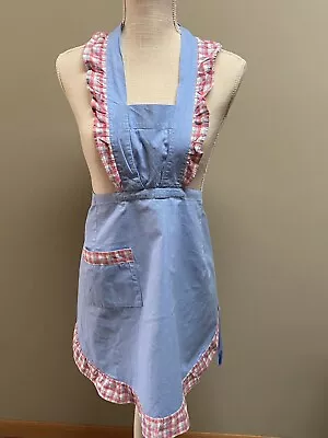 Vintage Full Apron Bib Handmade Blue With Red/White/Blue Plaid Ruffled Trim • $14.99