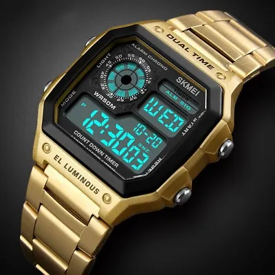 Men Digital LED Watch Date Waterproof Stainless Steel Military Sport Wrist Watch • $21.99