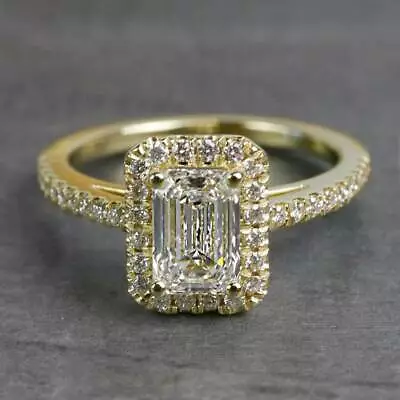 Emerald Cut Halo Moissanite Micro Pave Set Engagement Ring 9k Solid Yellow Gold • $314.87