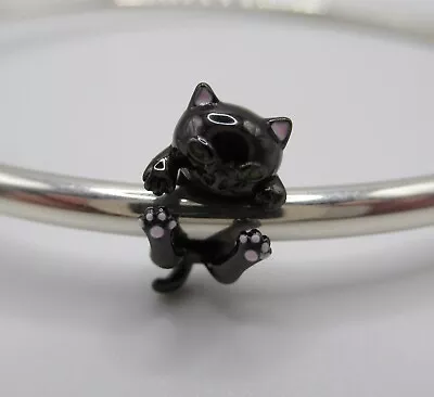 925 Sterling Silver Plated Black Gold Cartoon Cat Charm With Pink Enamel Paws • £14.99