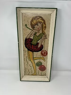 Needlepoint True Vintage 60s Framed Girl Complete 21” X 9” • $69.99