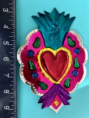 Hand Painted Mexican Pressed Tin 7  HEART Ornament  Wall Art Milagro • $7