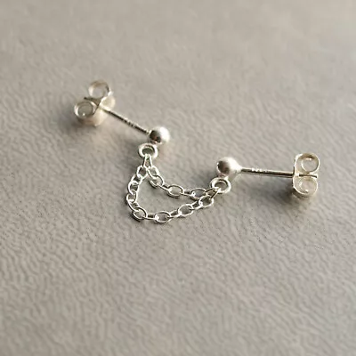 £14.49 • Buy Sterling Silver Double Lobe Piercing Earring - Connector Chain Stud Earring Drop