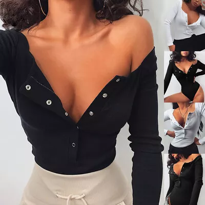 Women's Long Sleeve Bodysuit Tops Ladies Button V-Neck Stretch Leotard Blouse US • $20.49