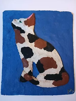 Vtg Odd Original Art Painted Plaster Of Paris Calico Cat Blue Background 9.5x11  • $28