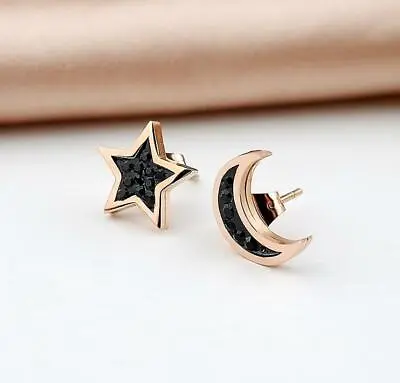 Titanium S.Steel Black Star Moon Rose Gold Pave Cubic Zirconia Stud Earrings • $12.99