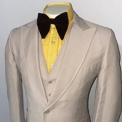 Vtg 60s 70s Tuxedo Jacket Suit Vest Blazer 2 Pc Polyester Disco Prom TAN Mens 40 • $79.99