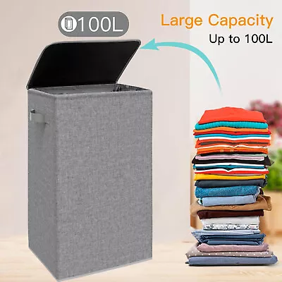 100L Laundry Basket With Lid Washing Clothes Storage Large Laundry Hamper Bin • £15.49