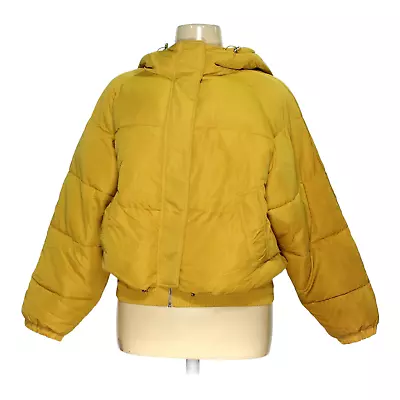 Zara Womens Large Puffer Coat Mustard Yellow Hooded Cinch Waist Zipper • $19.49