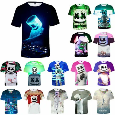 Kids Marshmello T-shirt DJ Mask Music Short Sleeve T-shirt 3D Casual Print Top • £9.75